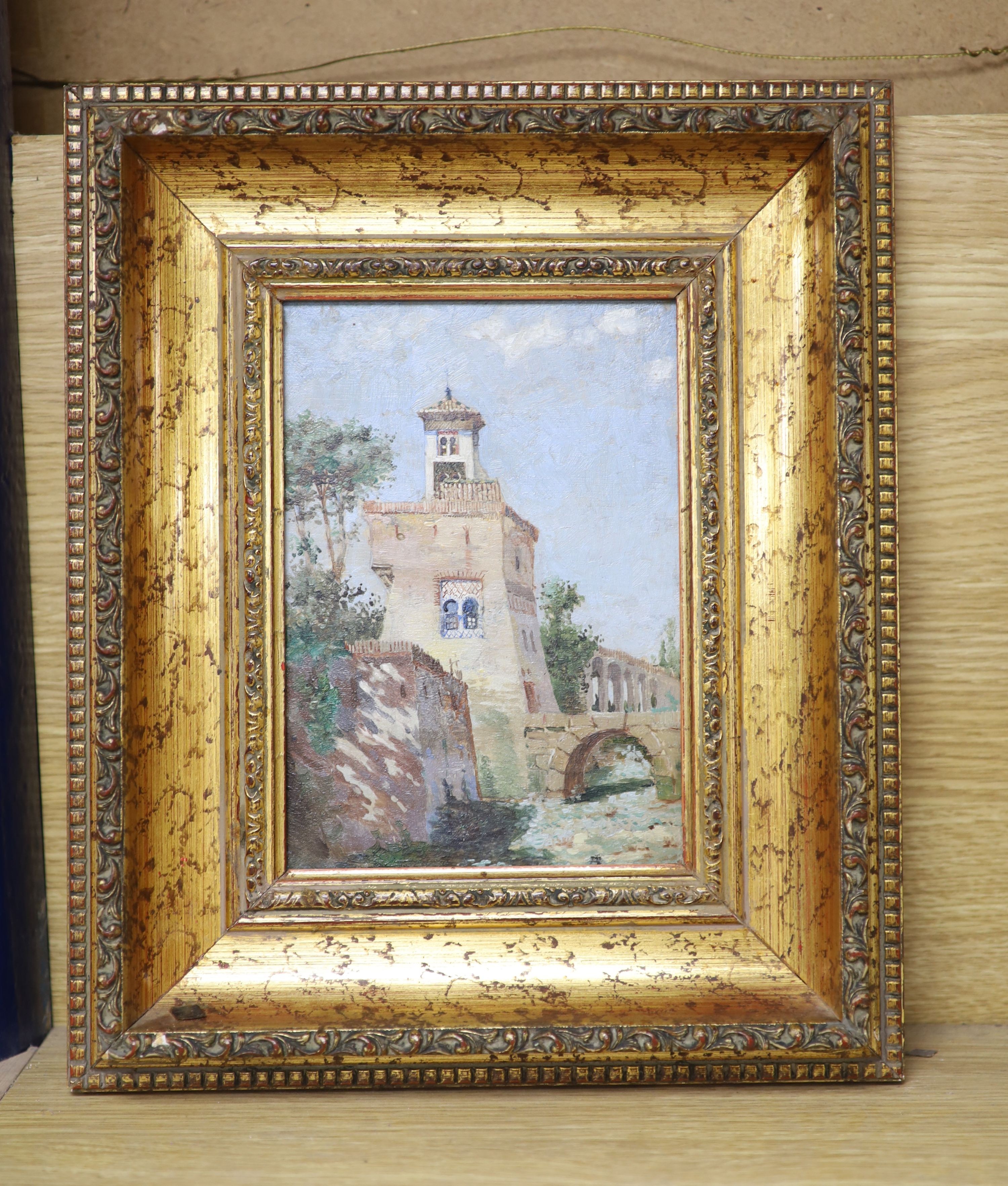 Italian School (19th century), oil on panel, Tower and aquaduct, 20 x 14cm 20.5 x 14cm